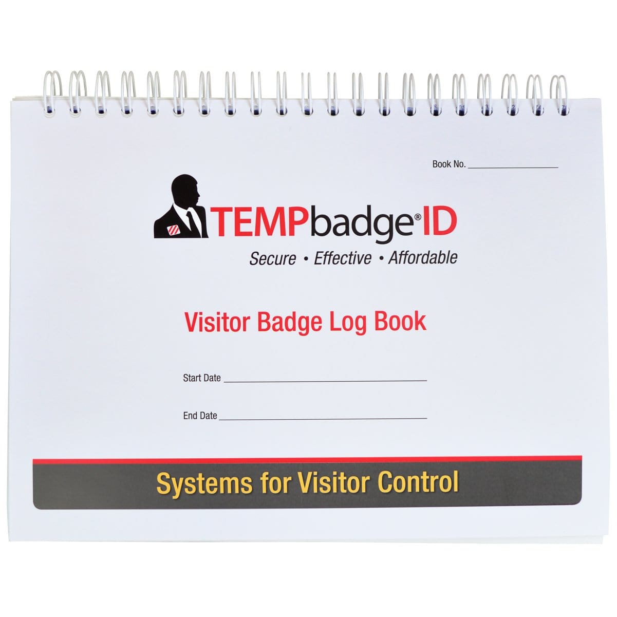 Front cover of a spiral-bound Expiring Visitor Badge and Log Book - 480 Badges (05741) from TEMPbadge ID, used for logging visitor information. The cover includes fields for "Start Date" and "End Date" and promotes a comprehensive visitor management system with self-expiring visitor badges.