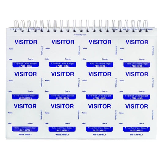 A spiral-bound pad containing multiple sheets of detachable Expiring Visitor Badge and Log Book - 480 Badges (05741) with spaces for name, date, time in/out, and the purpose of the visit—ideal for any visitor management system.