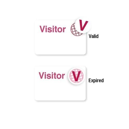 Two visitor badges: one labeled "Valid" with a pink "V" symbol on a white background, and one labeled "Expired" with the same pink "V" symbol on a faded white background. Perfect for effective visitor management, these Manual "VISITOR" Badge With Expiring Time Covers, Box of 1000 (P/N T5812) help distinguish between current and past guests.