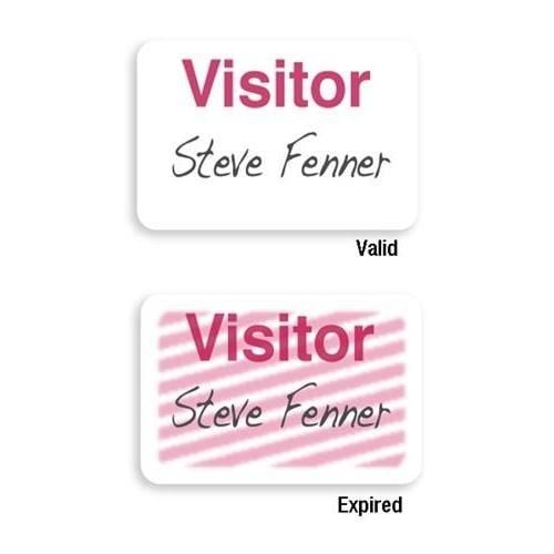 Two visitor ID badges are shown: one indicates "Visitor Steve Fenner" (valid), and the other features an expiring Manual One-week Expiring TIMEbadge "VISITOR" (P/N T6203) pattern with a red crosshatch, marking it as expired. This efficient visitor management system ensures only authorized individuals remain on the premises.