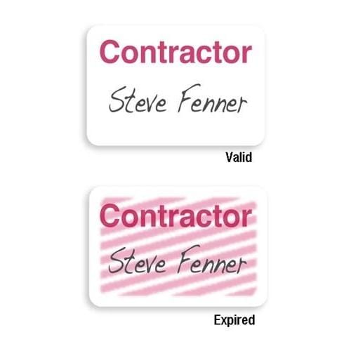 Two contractor badges are shown: one labeled "Steve Fenner" marked "Valid," and another with the name obscured by pink lines, marked "Expired." These temporary badges utilize the Manual One-week Expiring TIMEbadge "CONTRACTOR" (P/N T6205) for effective visitor management.