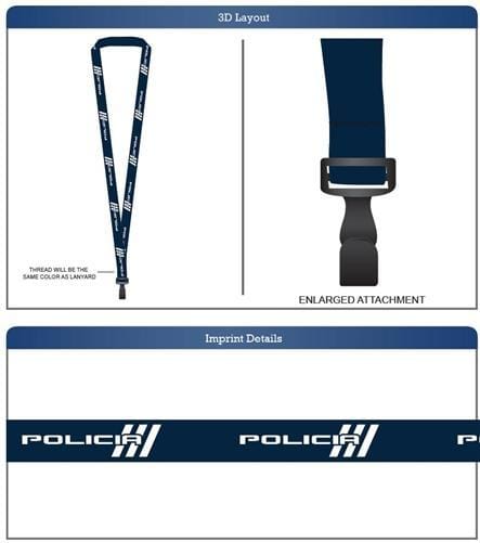 Navy Blue RFP # 1000060026 "Policia" 5/8" Custom Breakaway Lanyards With Wide Plastic Hook 1000060026-0010. Sold by Specialist ID.