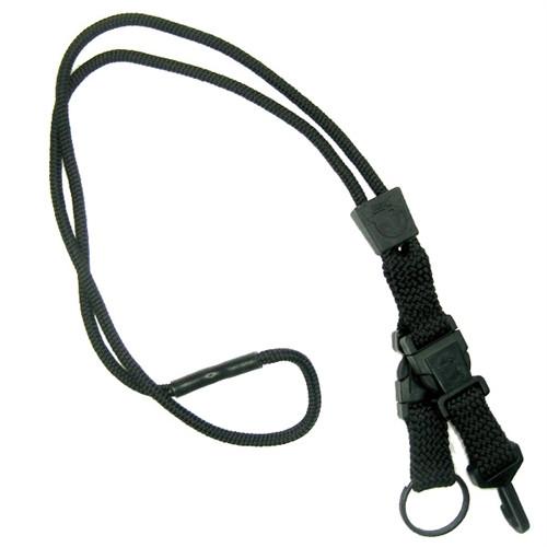 A Black EK Breakaway Lanyard with Detachable ID Hook And Key Ring (10230) by EK USA made of braided cord features a key ring attachment and a plastic safety clasp.