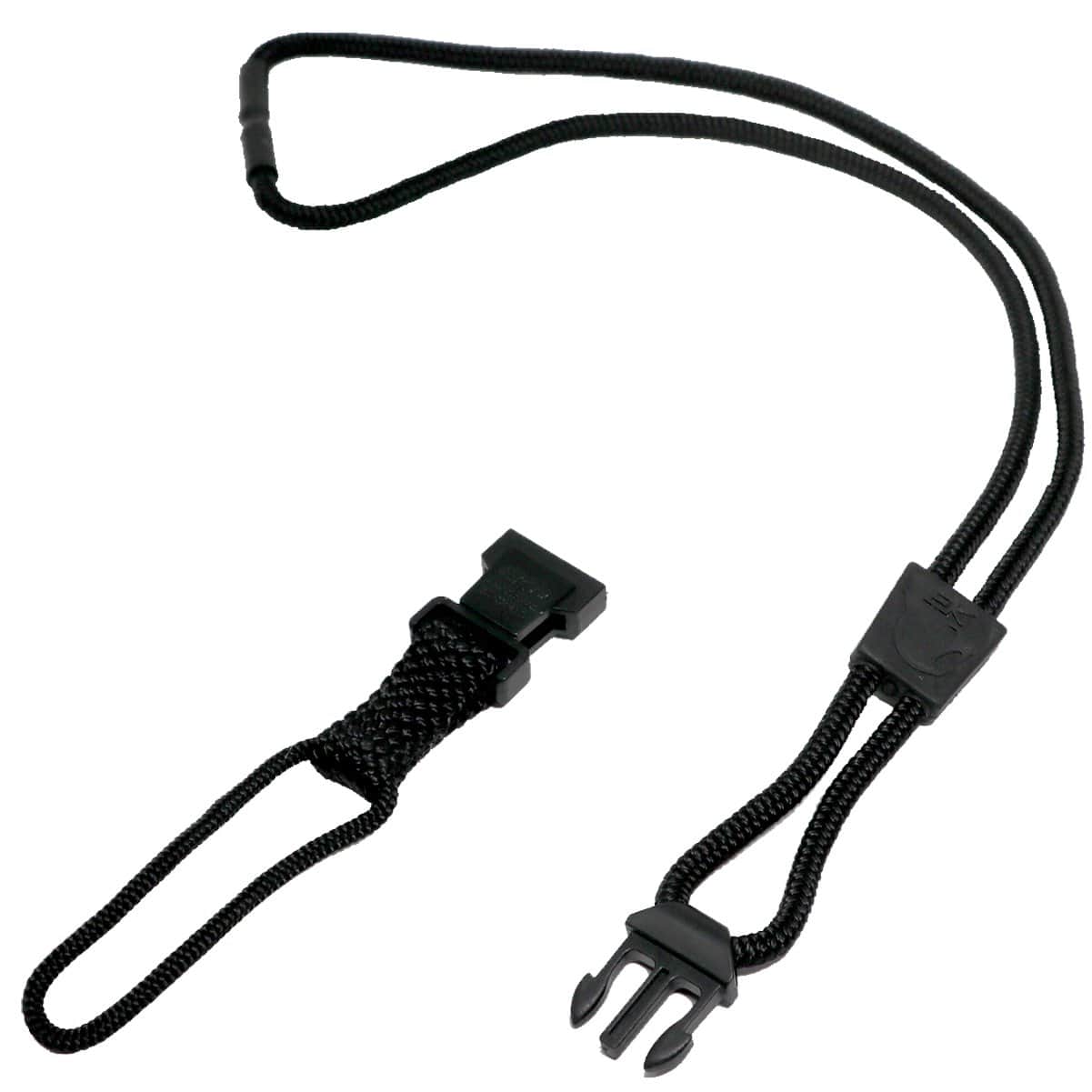 A black cord, known as the EK Lanyard Plus with Detachable Soft End (10252) by EK USA, features an adjustable plastic buckle on one end and a detachable soft end on the other, perfectly suited for an outdoor lifestyle or securing items.