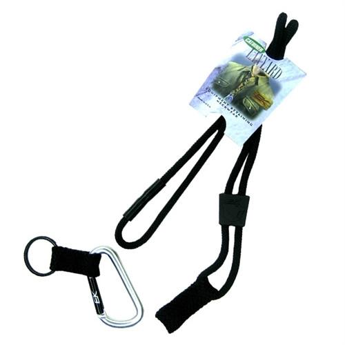 Black EK Lanyard With Carabiner (10384) by EK USA, accompanied by a packaging card displaying information and an image of a person.