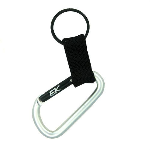 A Black EK Lanyard With Carabiner (10384) by EK USA attached to a black lanyard with an adjustable clinch and keyring.