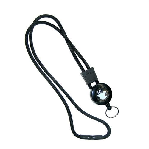 A Black EK Retract-A-Cat Lanyard and Key Ring (10449) by EK USA with a round holder displaying "BX" and a hook attachment.