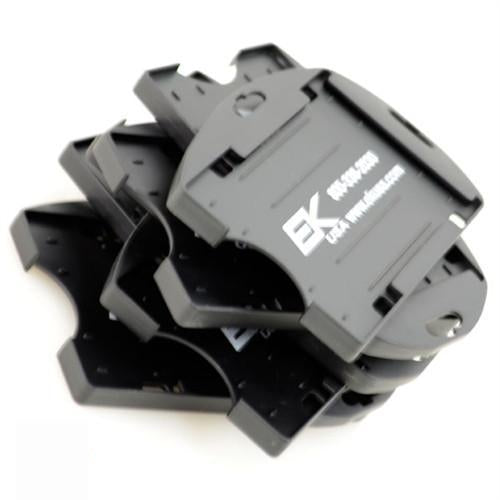 Stack of black EK Dual Sided Smart Card Holder with Slot Holes (10574) by EK USA brackets with logo and website information visible, each featuring slot holes.