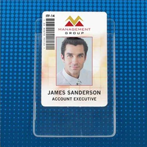 ID badge for James Sanderson, Account Executive at Management Group, featuring a photo of a man. This PureClear 3X4 Earth Friendly Vertical Convention Size Badge Holder 106-JL / 1815-1126 not only highlights professionalism but also promotes sustainability with its Earth Friendly Badge Holder.