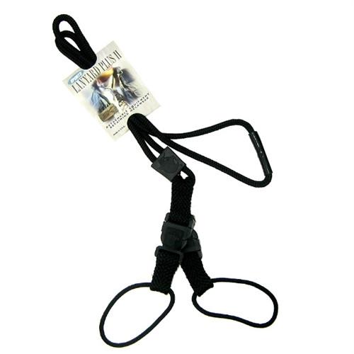 Black EK Lanyard Plus II with Two Detachable Soft End Loops (10760) by EK USA with adjustable straps and plastic buckles, displayed on a white background. Attached to the harness is a tag showing an image of a person using binoculars. Additionally, it comes with a black lanyard featuring two detachable loops for added convenience.
