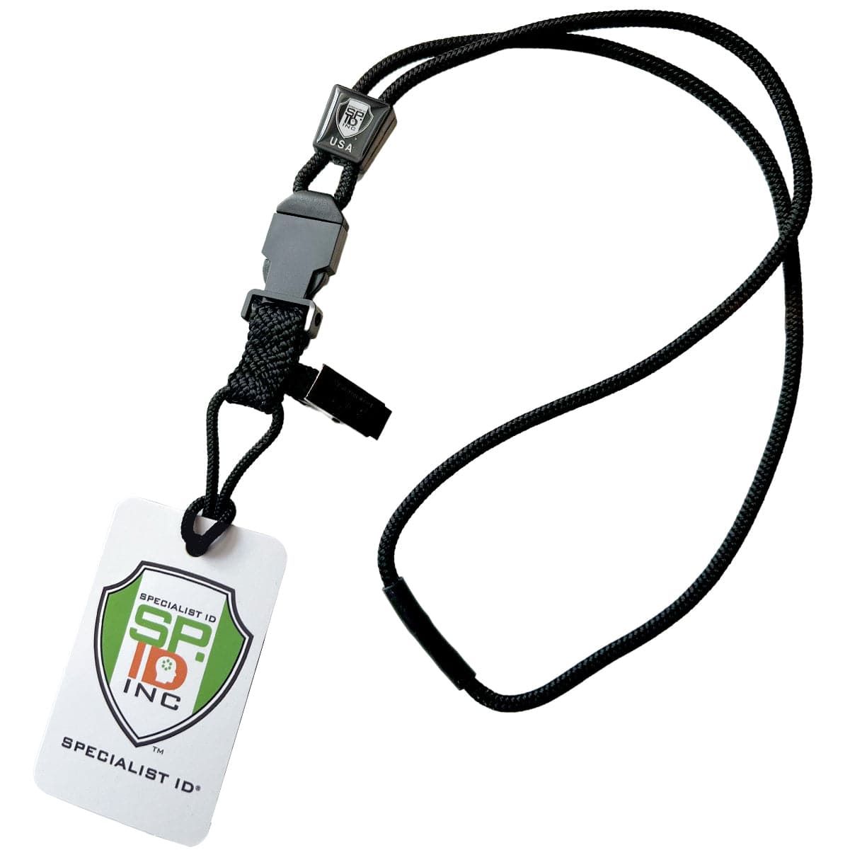 A Black EK Lanyard Plus with Soft End And Fused Clip (10761) by EK USA is attached to a white ID card featuring a colorful logo of "Specialist ID Inc.