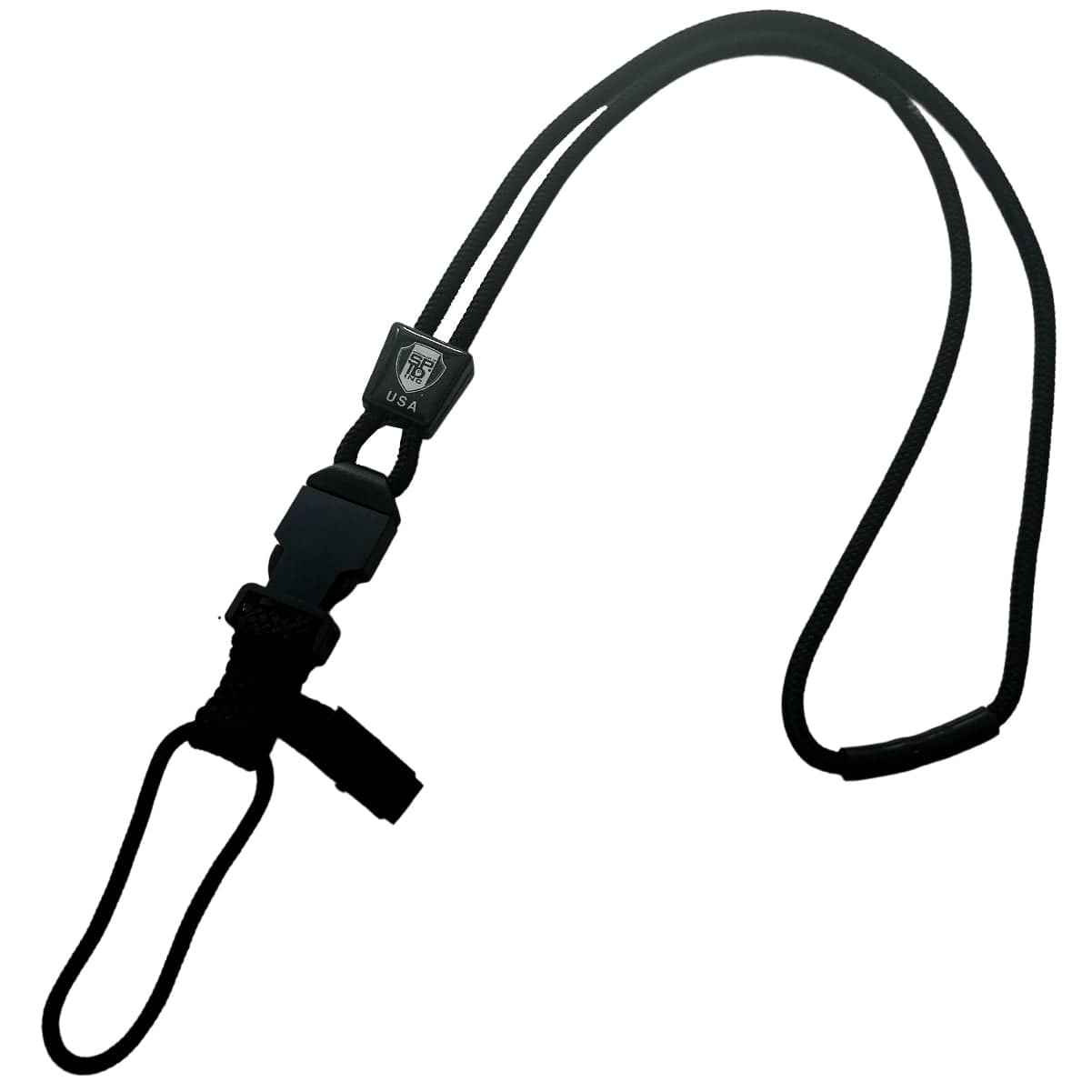 A Black EK Lanyard Plus with Soft End And Fused Clip (10761) by EK USA, with an adjustable breakaway feature, plastic clip, and loop.
