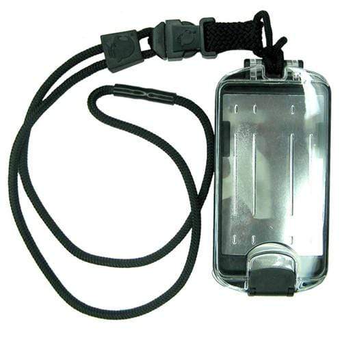 A clear, water-resistant phone case with a black lanyard and secure buckle closure that also functions as a Black EK Guardian ID Badge Holder with Detachable Lanyard (10935) by EK USA.