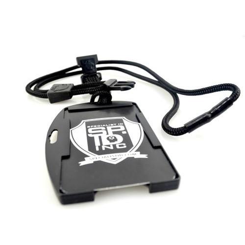 EK Black Lanyard with Dual-Sided Smart Card Holder (10942) by EK USA, featuring a logo that reads "Specialist ID Inc." and includes a shield design. The EK USA lanyard has a detachable plastic buckle.