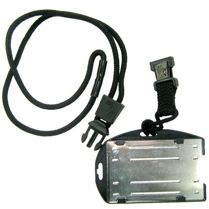 An EK USA RFID Blocking Dual Sided Badge Holder with Heavy Duty Breakaway / Quick Release Lanyard (10943) by EK USA encased in black plastic, attached to a black paracord breakaway lanyard with a side-release buckle.