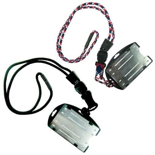 Two EK USA RFID Blocking Dual Sided Badge Holders with Heavy Duty Breakaway / Quick Release Lanyards (10943) by EK USA, featuring black and red, white, and blue braided cords. Each features a breakaway buckle and metal clip. These versatile accessories also function as dual-sided badge holders for added convenience.