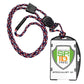 A breakaway lanyard with a red, white, and blue braided cord holds an EK USA RFID Blocking Dual Sided Badge Holder with Heavy Duty Breakaway / Quick Release Lanyard (10943) by EK USA displaying the "Specialist ID" logo.