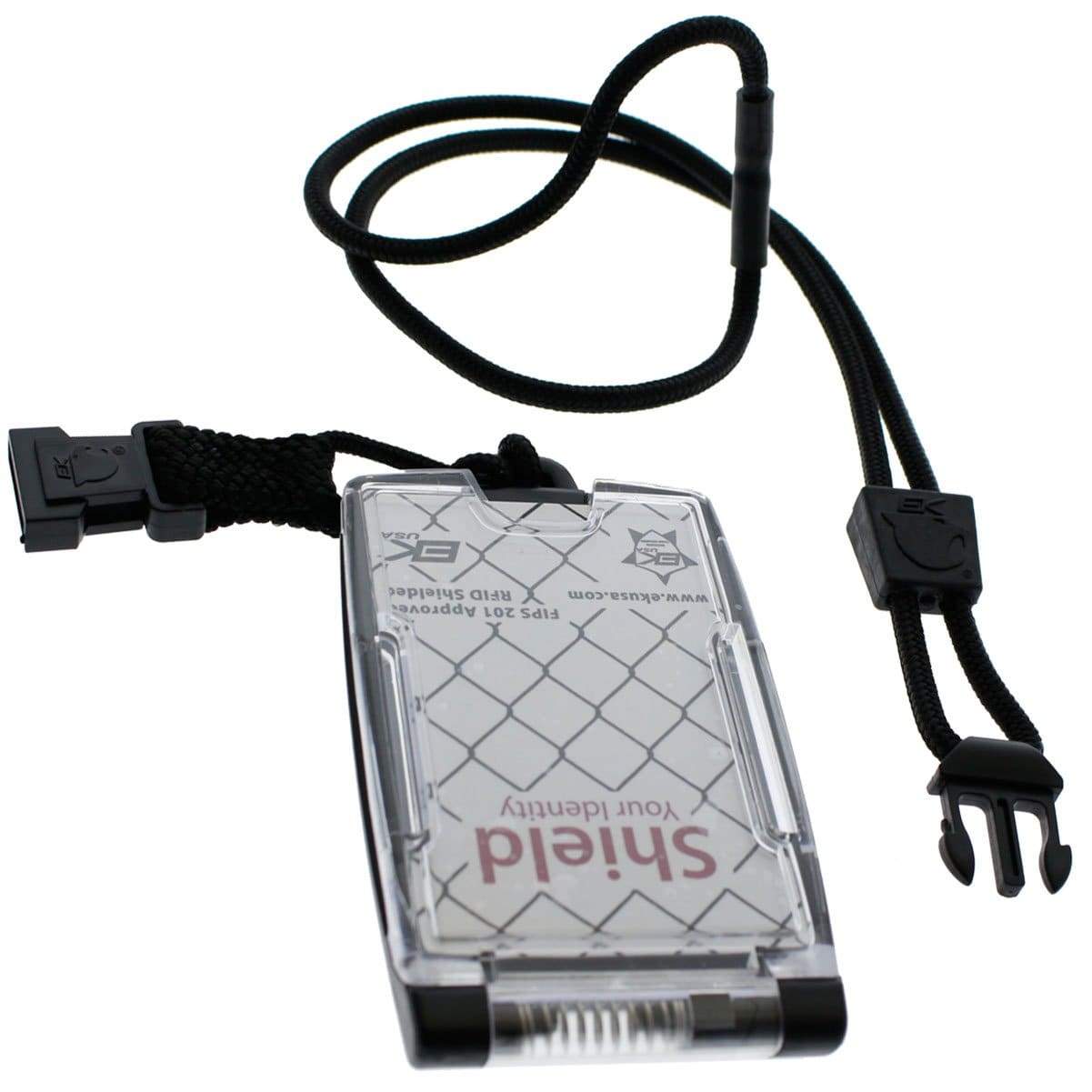 A Black EK One Hander Holder with Detachable Lanyard (10983) by EK USA. The text on the card inside reads "Shield Your Identity.