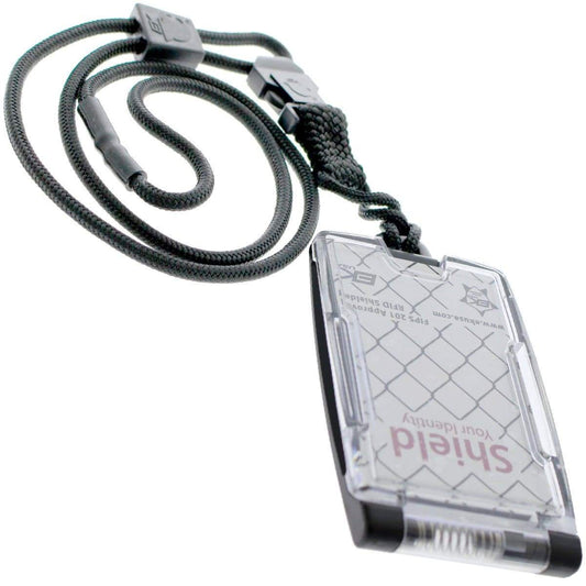 A Black EK One Hander Holder with Detachable Lanyard (10983) by EK USA attached to a clear ID card holder with the text "Shield Your Identity.