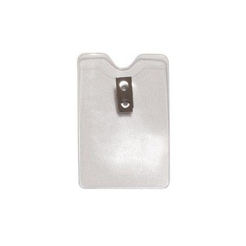 Clear Vertical Vinyl Badge Holder With 2 Hole Clip (P/N 1810-1200) with a metal clip at the top center, designed for top load data or credit card size.