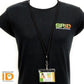 A person wearing a black t-shirt with a "Specialist ID" logo and a lanyard displaying an ID badge within a Textured Horizontal Badge Holder (P/N 1815-1000).