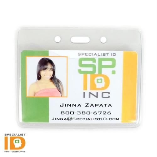 ID badge for Specialist ID Inc. featuring a photo of a woman. The text displays the name "Jinna Zapata," alongside her phone number and email address. Encased in a Textured Horizontal Badge Holder (P/N 1815-1000), the horizontal badge also showcases the Specialist ID logo prominently.