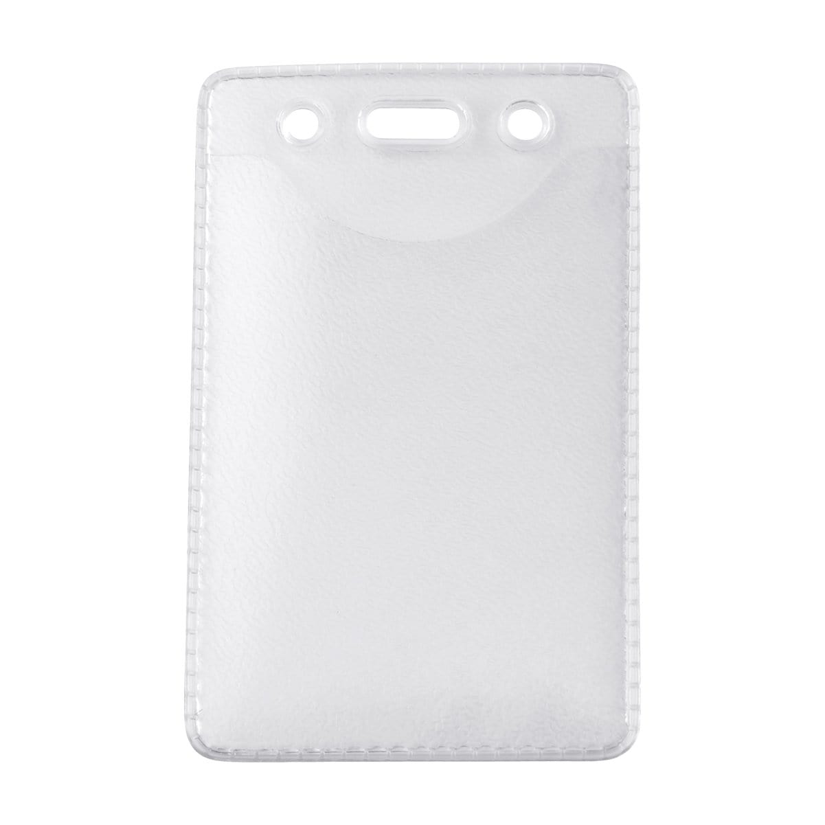 Clear Vinyl Anti-Static Vertical Badge Holder 1815-1101 with two circular holes and one oval hole at the top, designed for attaching to lanyards or clips. This anti-static badge holder ensures your ID remains pristine and easy to display.
