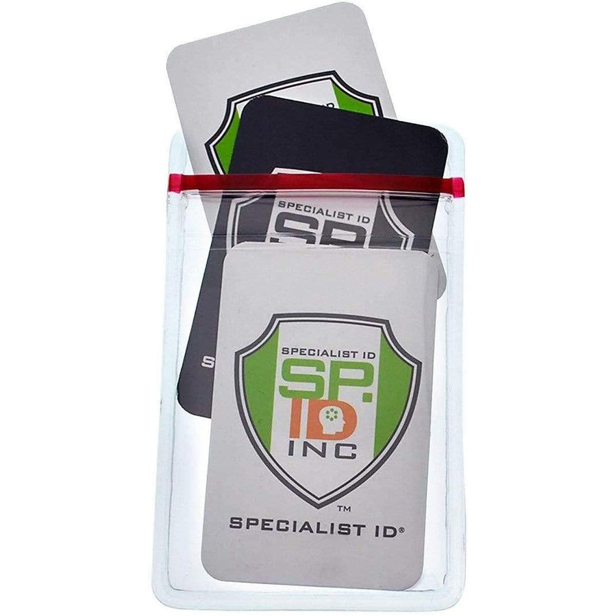 Three Heavy Duty Vertical Multi-Card Badge Holder with Resealable Zip Top (1815-1110) in black and gray are shown inside a clear plastic envelope with a red resealable top seal. The badges, which feature a green and orange logo, are designed for vertical ID display.