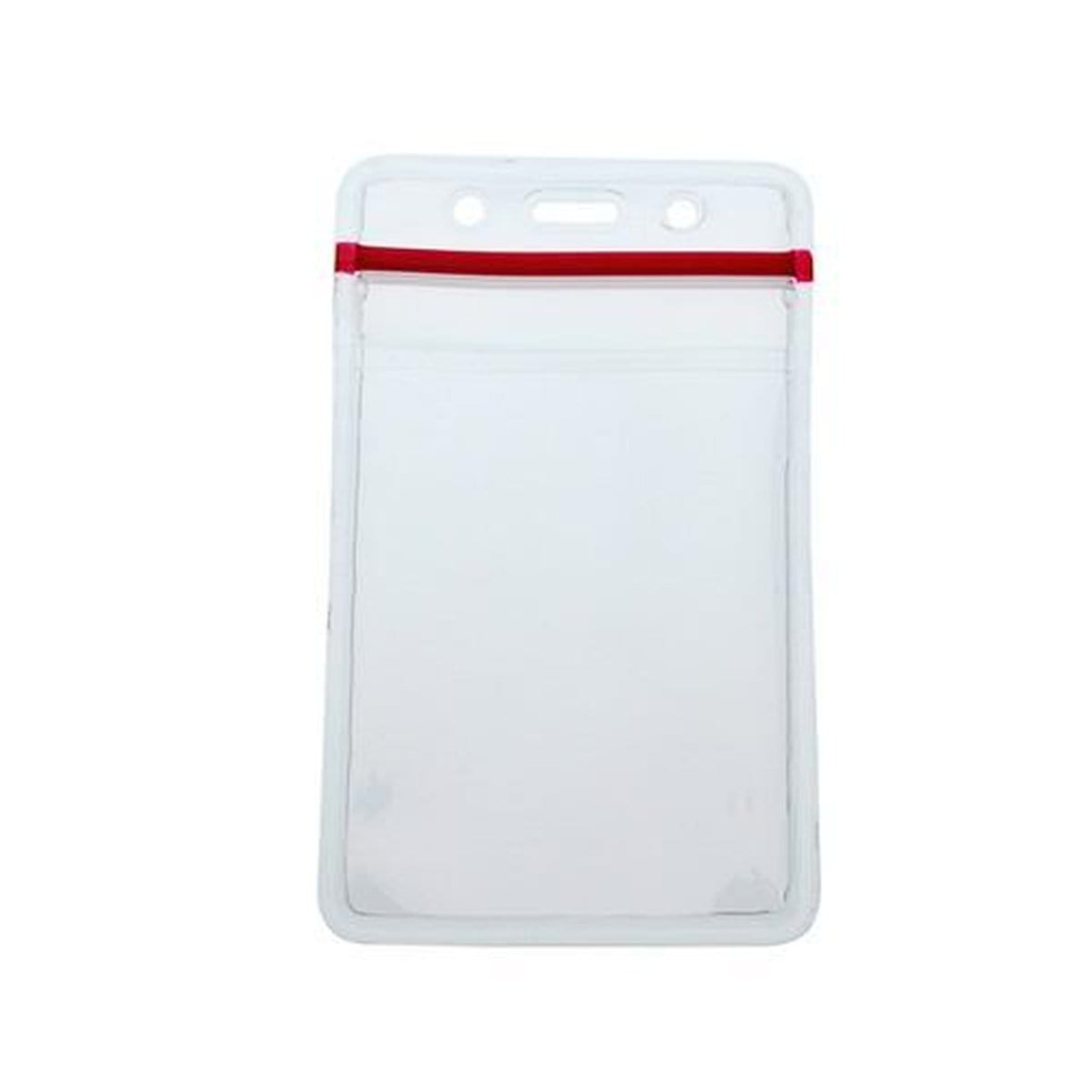 A Heavy Duty Vertical Multi-Card Badge Holder with Resealable Zip Top (1815-1110) with a clear plastic vertical ID display, featuring a resealable red zip closure and two holes at the top for attaching a lanyard.