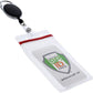 A Heavy Duty Vertical Multi-Card Badge Holder with Resealable Zip Top (1815-1110) with a black retractable cord, attached to a heavy-duty vinyl badge holder with a resealable top, displaying a clear vertical ID display featuring the green, orange, and white Specialist ID, Inc. logo.