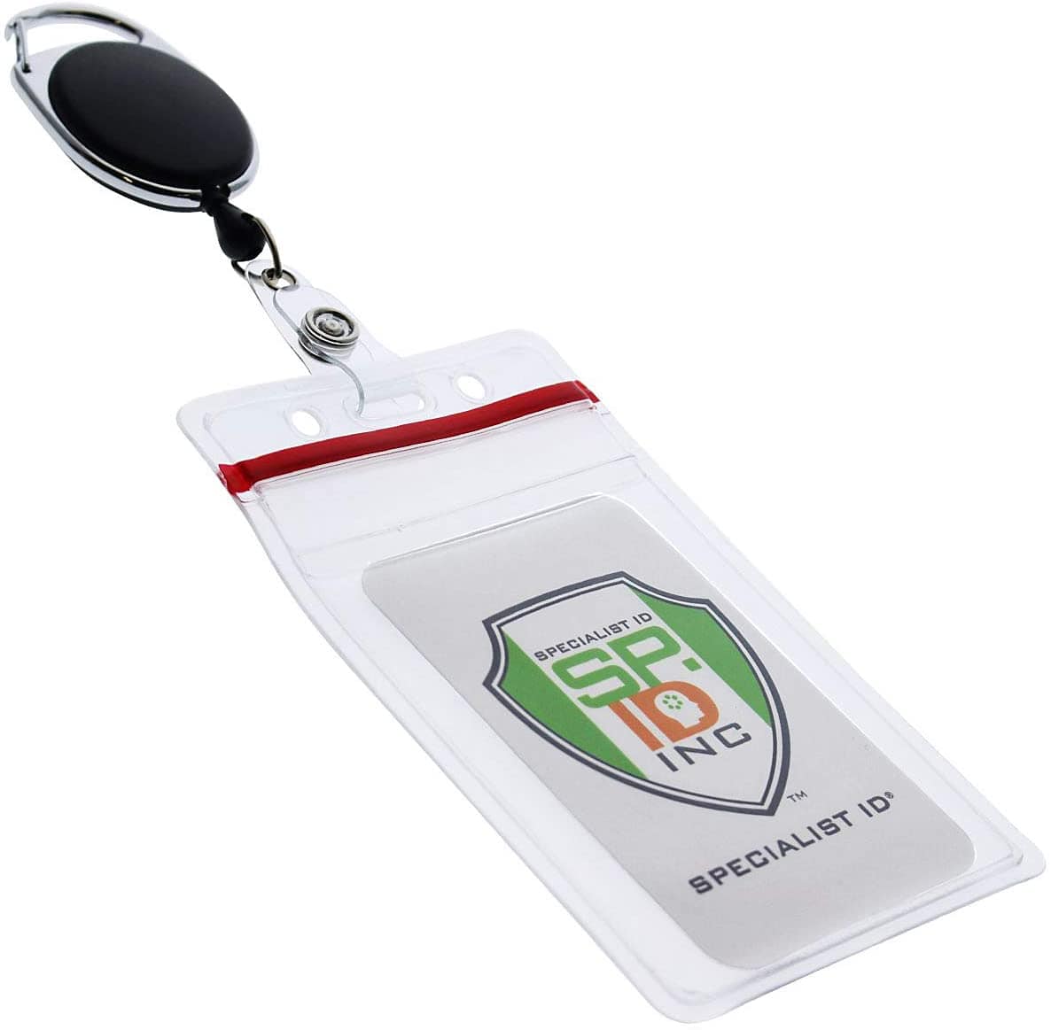 A Heavy Duty Vertical Multi-Card Badge Holder with Resealable Zip Top (1815-1110) with a black retractable cord, attached to a heavy-duty vinyl badge holder with a resealable top, displaying a clear vertical ID display featuring the green, orange, and white Specialist ID, Inc. logo.