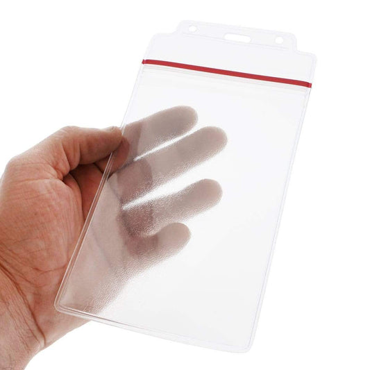 Hand holding clear 4x6 credential holder showing red resealable top closure