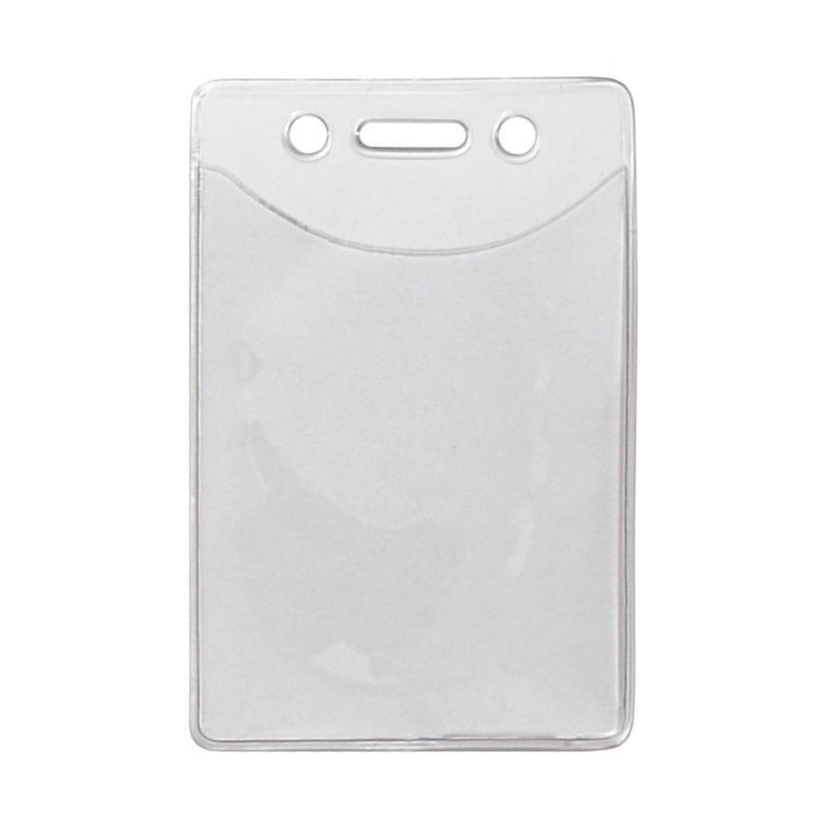 Clear Vinyl Vertical Anti-Print Transfer Badge Holder (P/N 1815-1150) featuring two circular holes and one horizontal hole at the top for attaching to a lanyard. This anti-print transfer holder is empty, ensuring your badge remains pristine.