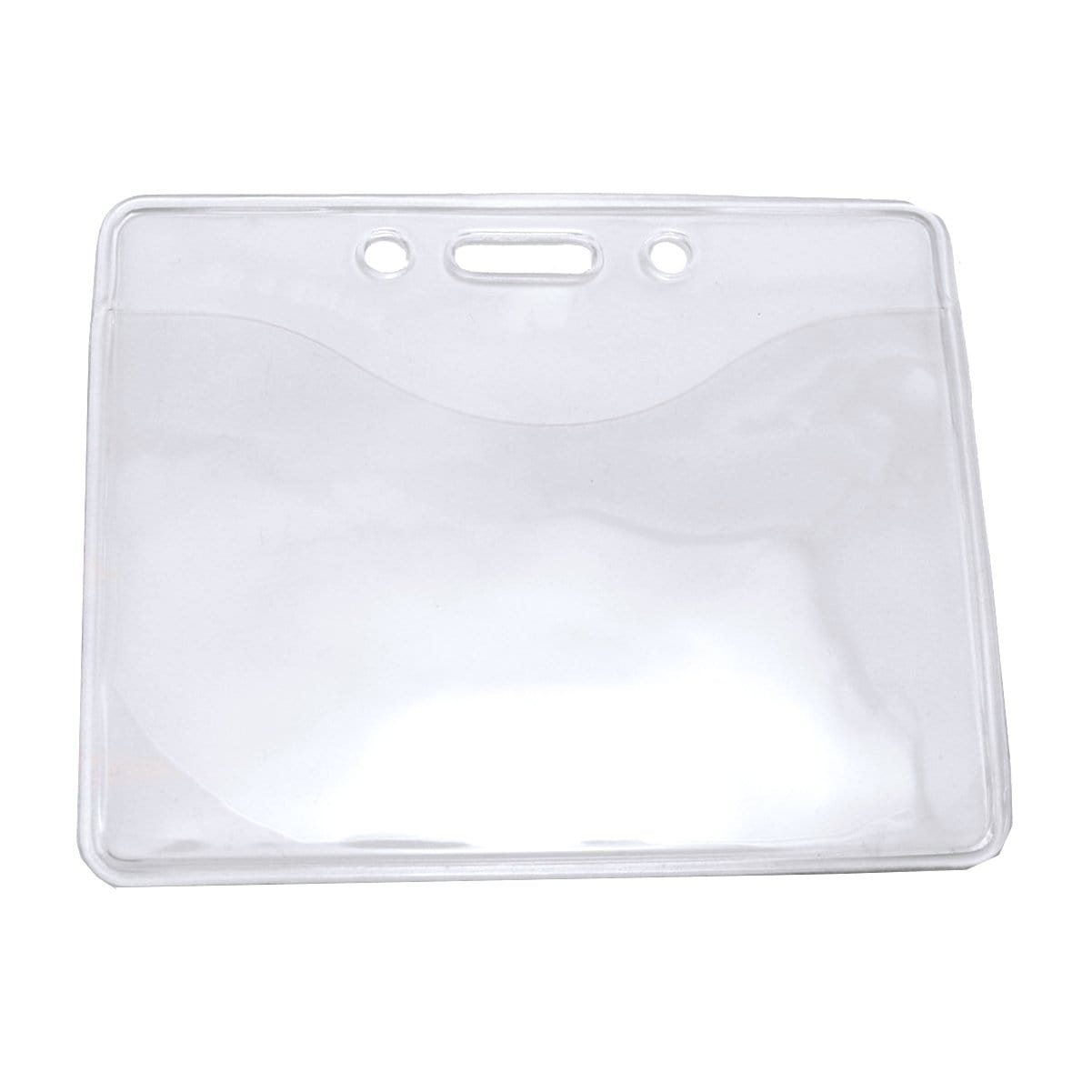Clear Vinyl Horizontal Anti-Print Transfer Badge Holder (P/N 1815-1151) with a horizontal orientation, featuring two circular holes and one oval hole at the top for attachments. Designed to fit data/credit card size inserts, it offers anti-print transfer protection for your cards.