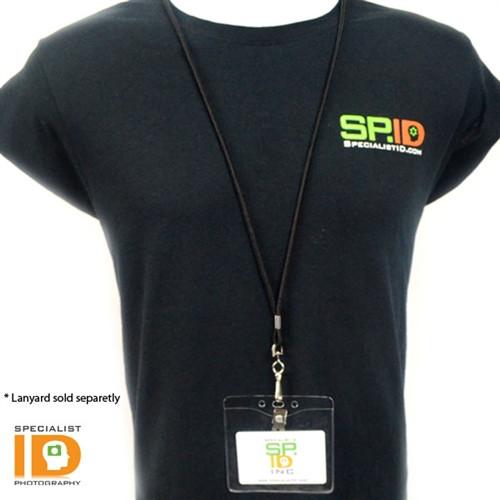 Person wearing a black t-shirt with "SPID SpecialistID.com" text logo, displaying a Clear Vinyl Horizontal Badge Holder With Clip And Chain Holes (P/N 1815-1405) on a black lanyard. Note: Lanyard is sold separately.
