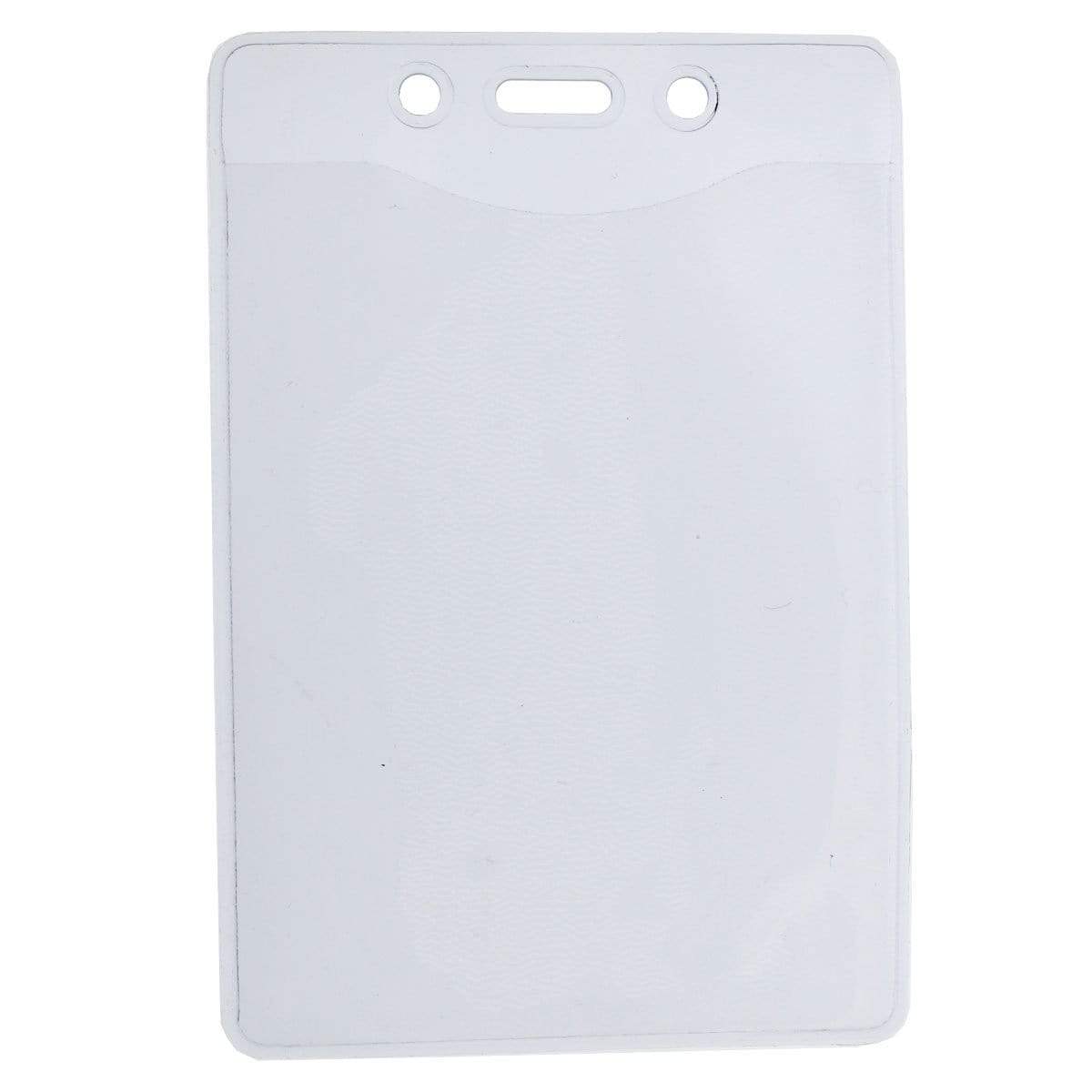 A durable vinyl ID card holder with three punched holes at the top for lanyard or clip attachment, designed to fit a 3"x 4" insert—ideal as a Heavy Duty 3 X 4 Name Badge Holder - 3x4 Vertical Textured Convention Conference Card Protector (P/N 1815-1450).