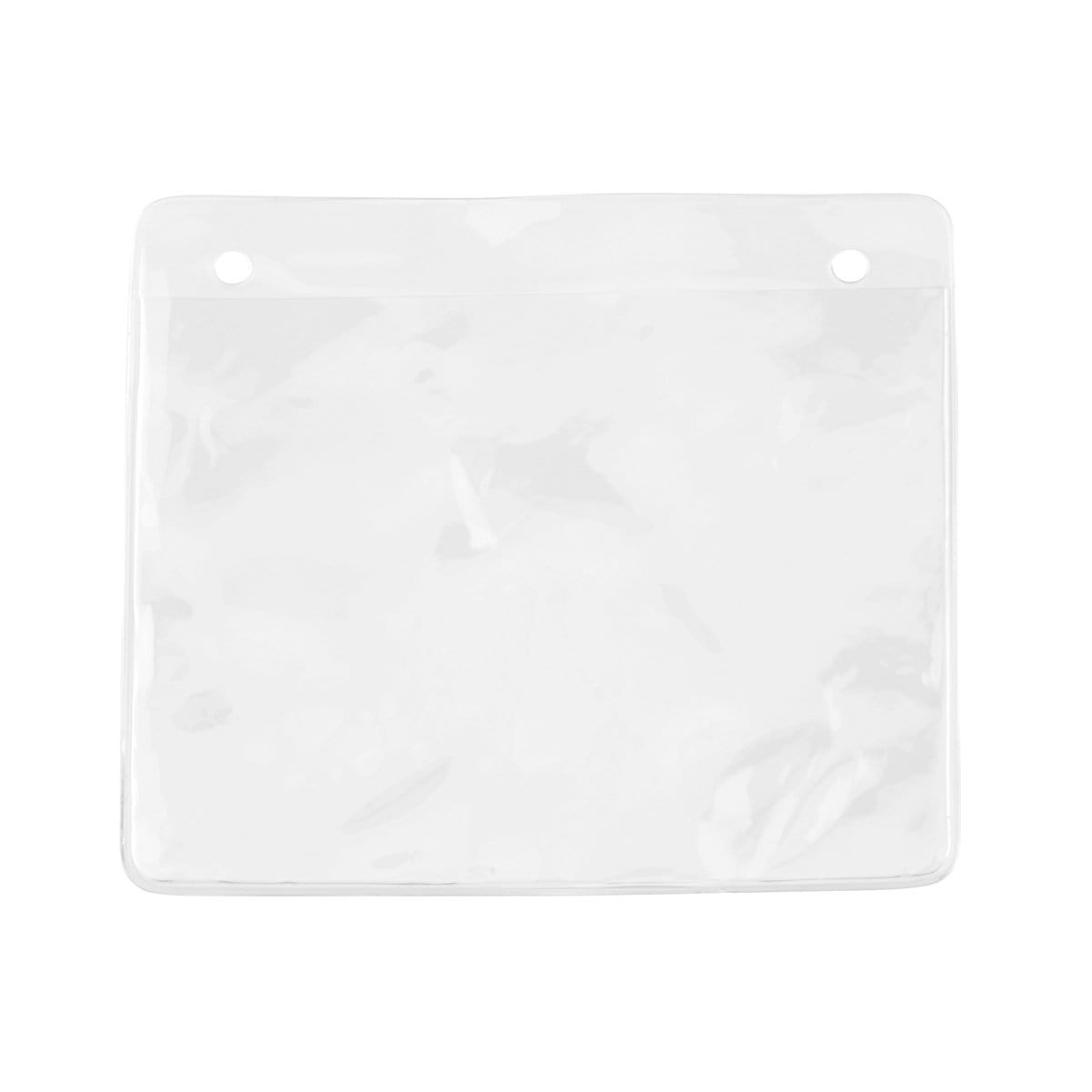 A Clear Vinyl Holder With Two Attachment Holes (P/N 1815-5002), perfect for inserting badges up to 3 5/8" x 2 15/16". Ideal for lanyards or clips.