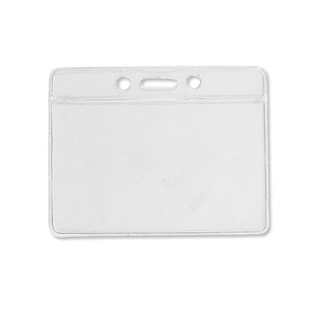 A Standard Horizontal Vinyl ID Badge Holder (1820-1000), transparent horizontal vinyl ID badge holder with three holes at the top for attachment, perfectly sized to fit a credit card sized ID card.