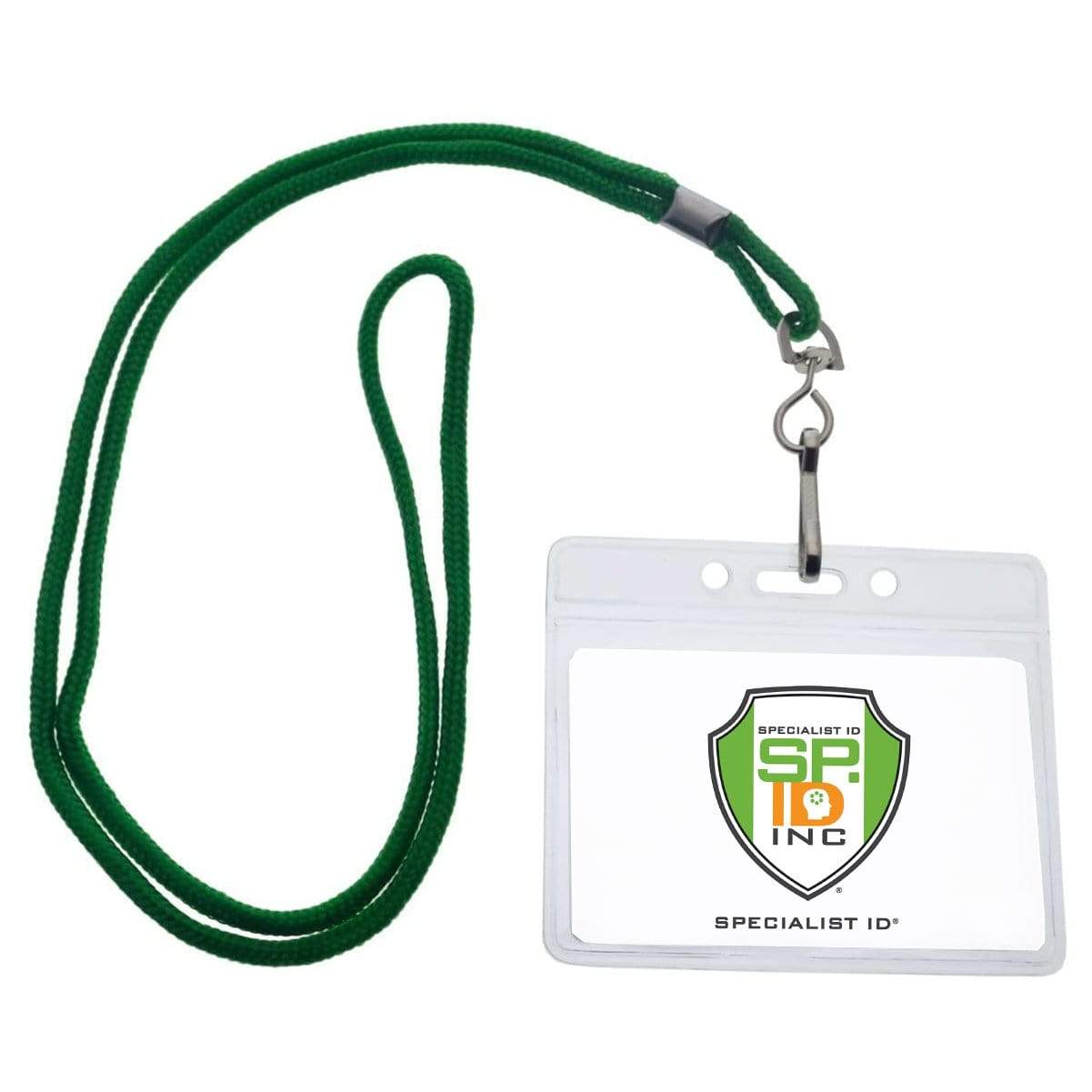 A Standard Horizontal Vinyl ID Badge Holder (1820-1000) with a clear plastic ID holder displays a credit card sized ID card featuring a green and yellow logo and the text "SPECIALIST ID INC.
