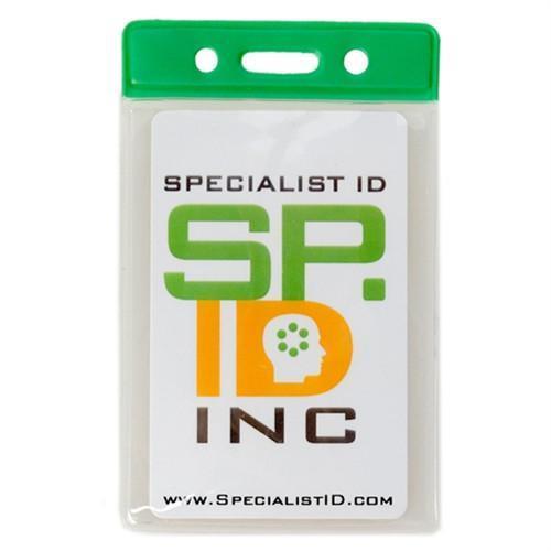 Vertical Color Code Badge Holder - Badge Size Vinyl Sleeve ID Sleeve with Color Bar (1820-105X) with a green top edge, containing a card labeled “Specialist ID SP. ID INC.” and the website www.SpecialistID.com.