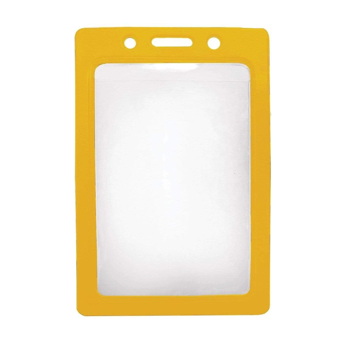 A Vertical Vinyl Color Frame Badge Holder (P/N 1820-300x) with a yellow border features a transparent window and a slot for attaching a clip or lanyard.