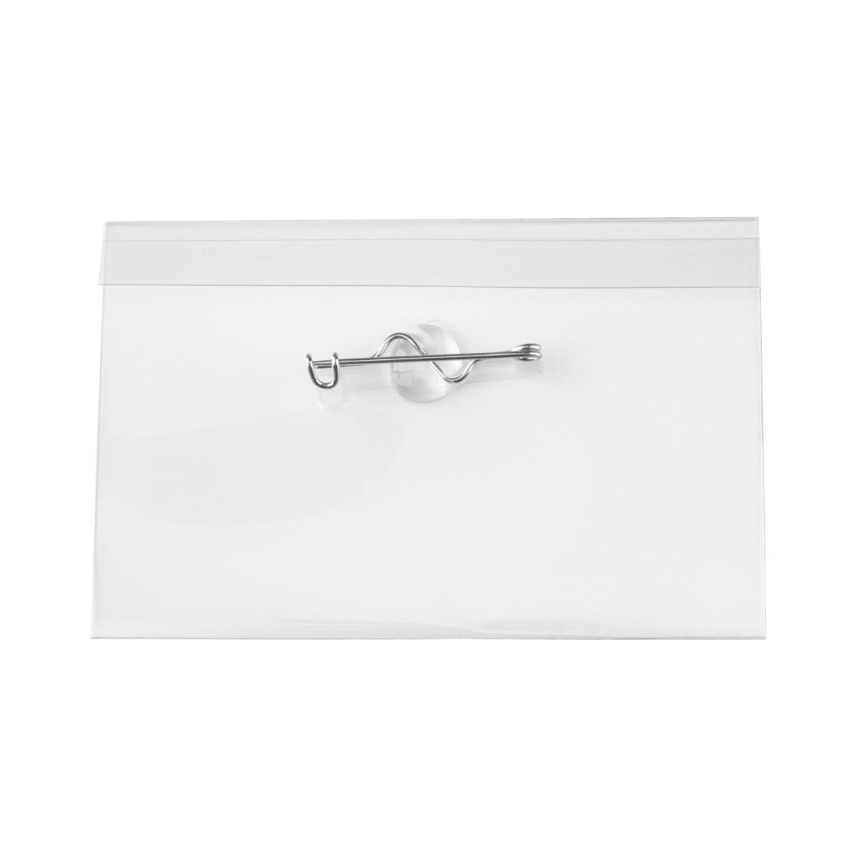 Clear Rigid Vinyl Name Tag Holder W/ Nickel Plated Steel Pin - 2 1/4" X 3 1/2" (P/N 1825-2500), designed to attach to clothing.