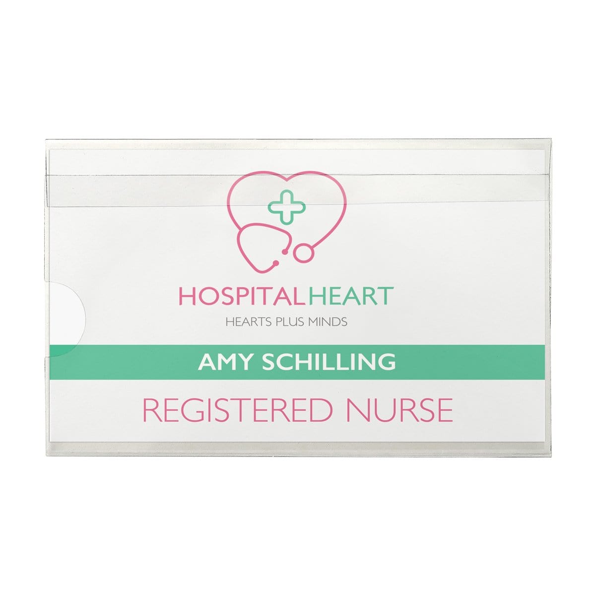 A name badge with the text "Hospital Heart, Hearts Plus Minds, Amy Schilling, Registered Nurse" in a Clear Rigid Vinyl Name Tag Holder W/ 2-Hole Clip 1825-2520 with an insert size of 2 1/4" X 3 1/2".