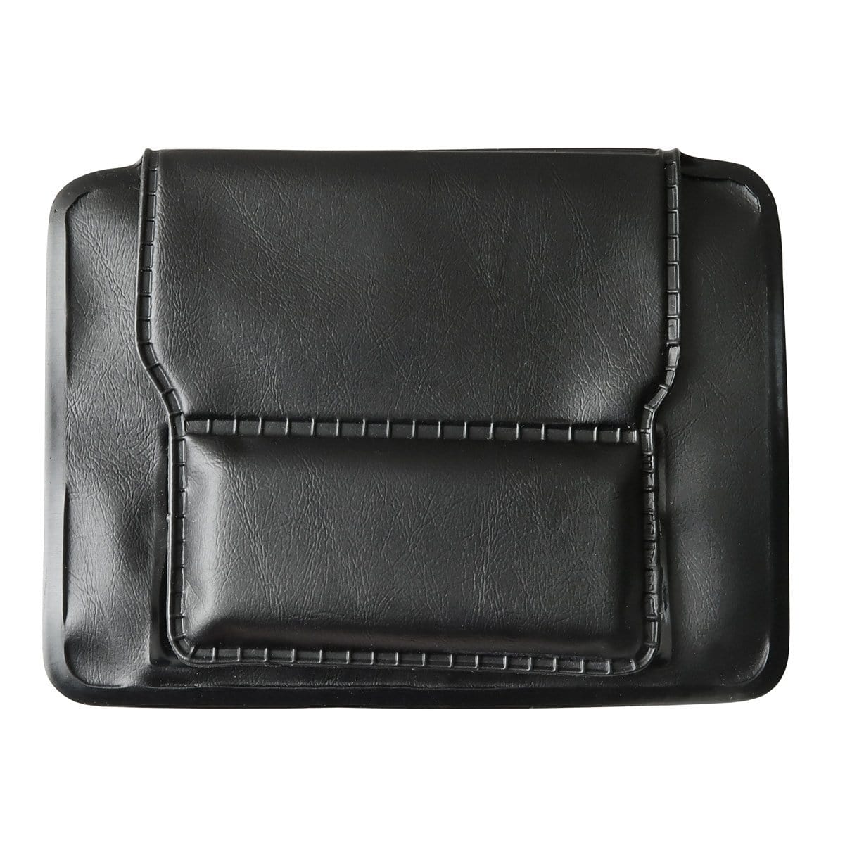 A black, rectangular leather pouch with a flap closure and detailed stitching on the front, featuring strong magnets for secure fastening is called the Horizontal Magnetic Badge Holder (P/N 1835-1050).