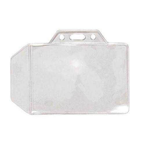 A Clear Vinyl Horizontal Badge Holder W/ Tuck-In Flap 1840-1000 designed horizontally with a reinforced slot, tuck-in flap, and holes for attaching to a lanyard.