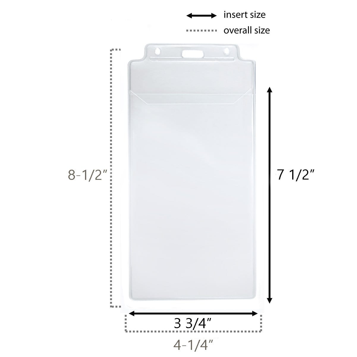 Clear 3 3/4" x 7 1/2" Vinyl Vertical Event Size Holder With Tuck-In Flap (P/N 1840-1600) with dimensions marked: insert size 7 1/2 inches by 3 3/4 inches and overall size 8 1/2 inches by 4 1/4 inches. This vertical badge holder features a convenient tuck-in flap for added security.