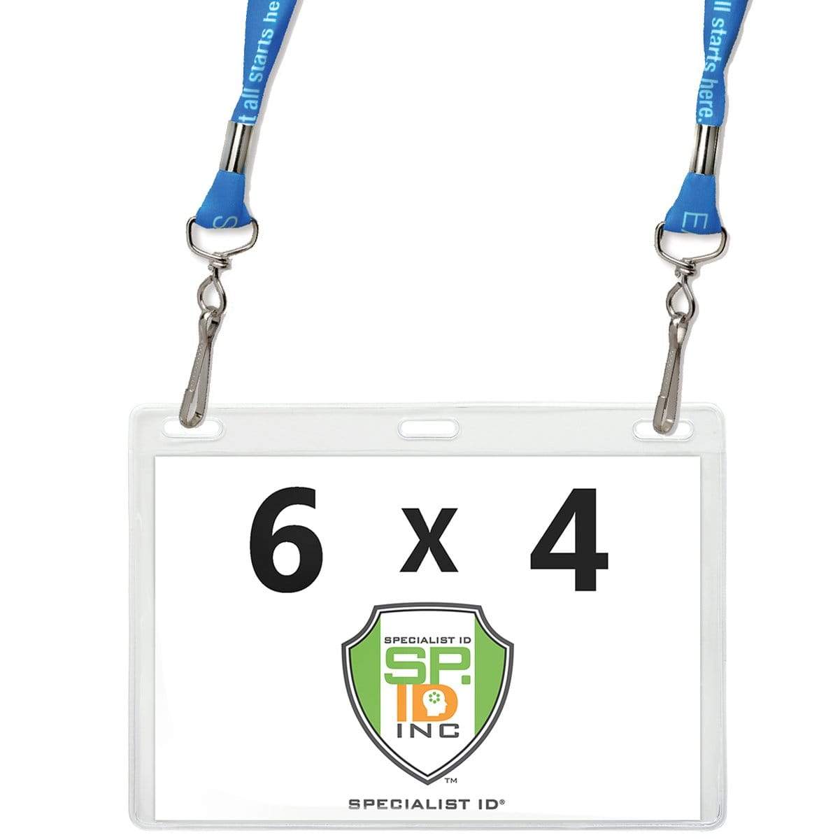 Clear 6X4 Vinyl Horizontal Large Event Badge Holders (1840-1615) with a 6 x 4 label inside, attached to a blue lanyard. This large badge holder displays the logo and name "Specialist ID, Inc." for optimal visibility.