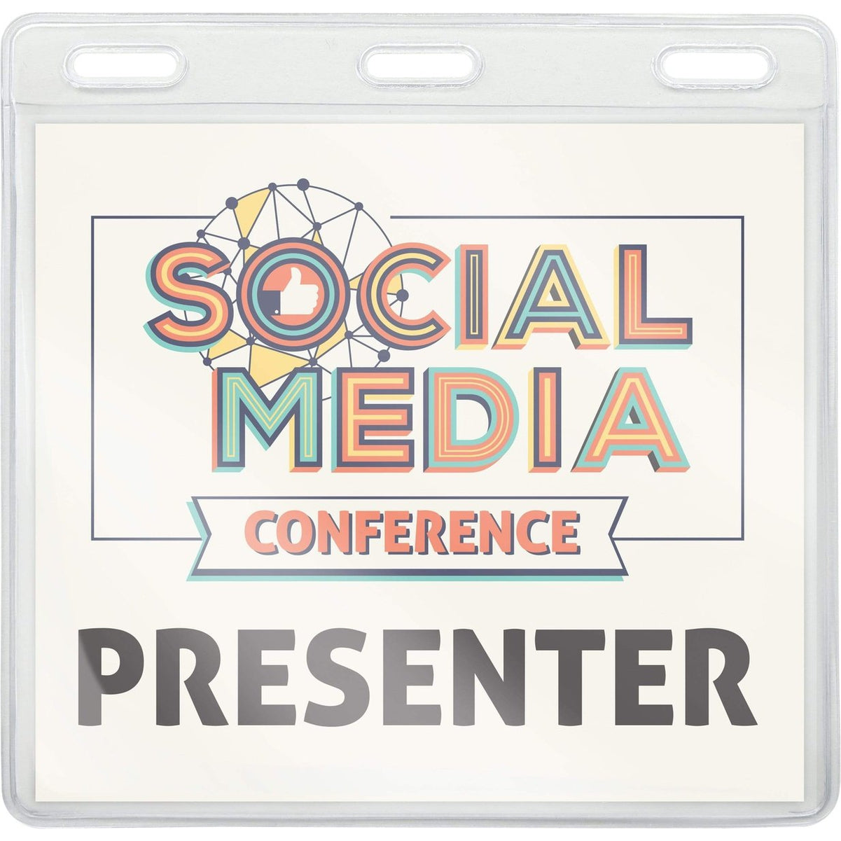 A badge with "Social Media Conference" text featuring a geometric graphic above and the word "Presenter" in bold below, encased in a 4x3 Badge Holder with Extra Room (4 1/4 X 3 3/4) For Laminated or Larger Credentials - Clear Vinyl Horizontal Event Badge Holder (1840-1618).