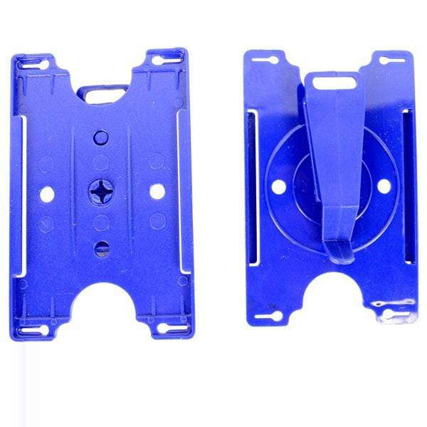 Two views of a blue Semi-Rigid Convertible Card Holder (P/N 1840-301X): the left image shows the front with mounting holes, and the right image shows the back with a rotating clip.