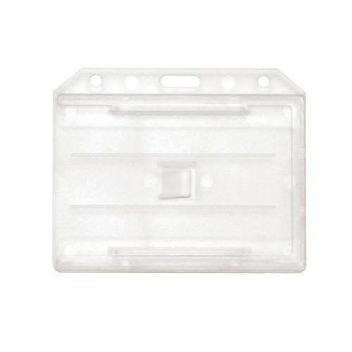 This 2-Sided Horizontal Multi-Card Holder (1840-305X) features multiple holes for attaching a lanyard or clip. It has a 2-sided horizontal design with slots for inserting IDs or cards.